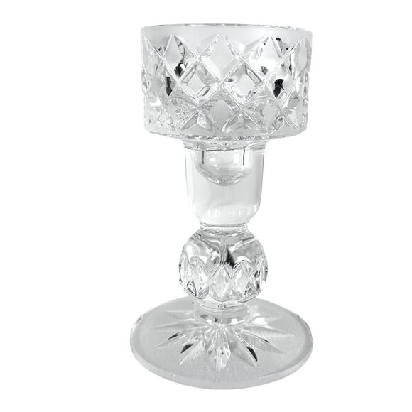 Diamond Point Latticed Clear Frosted Heavy Crystal Candle Cup Hurricane Base - Picture 6 of 7